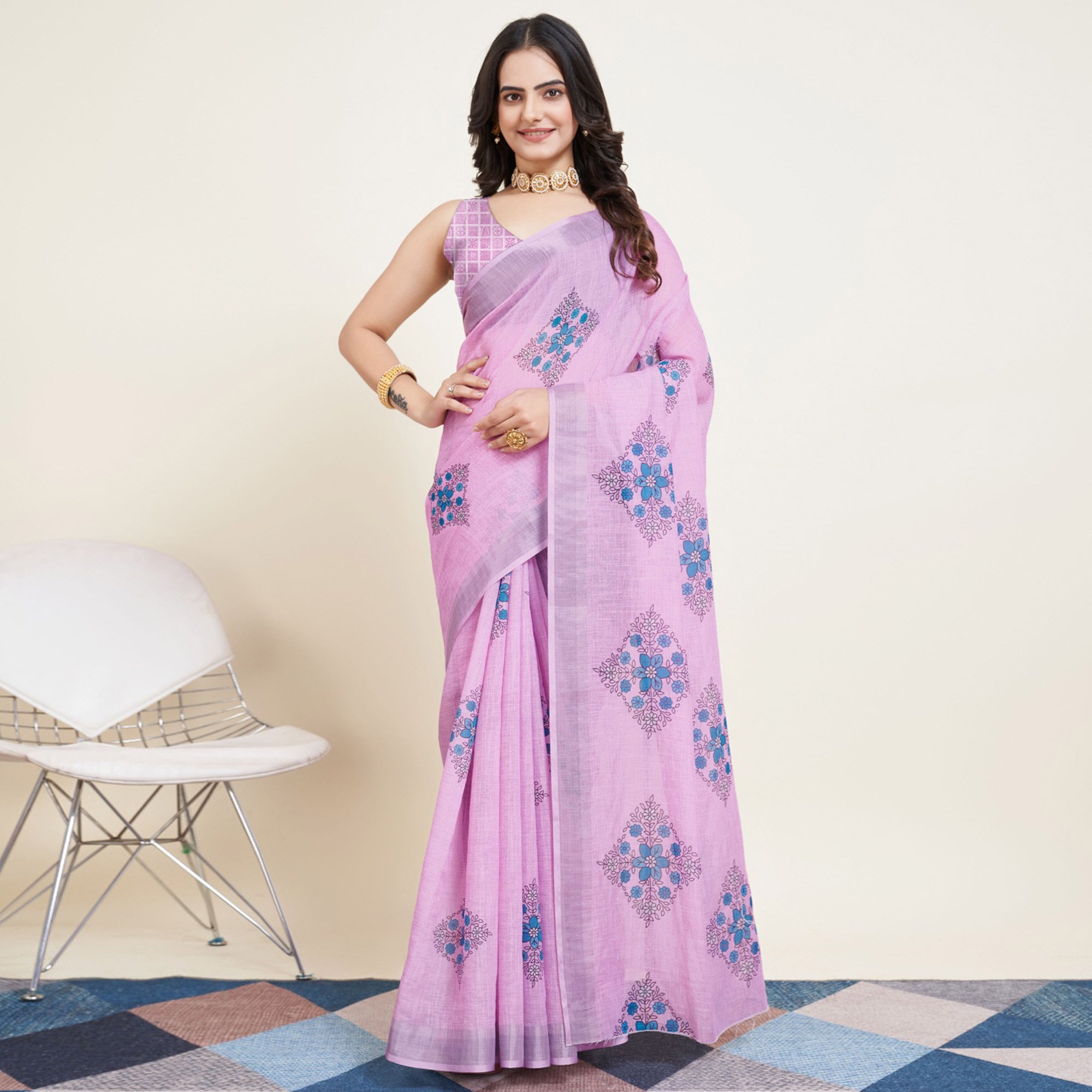 Pink Floral Printed Linen Saree