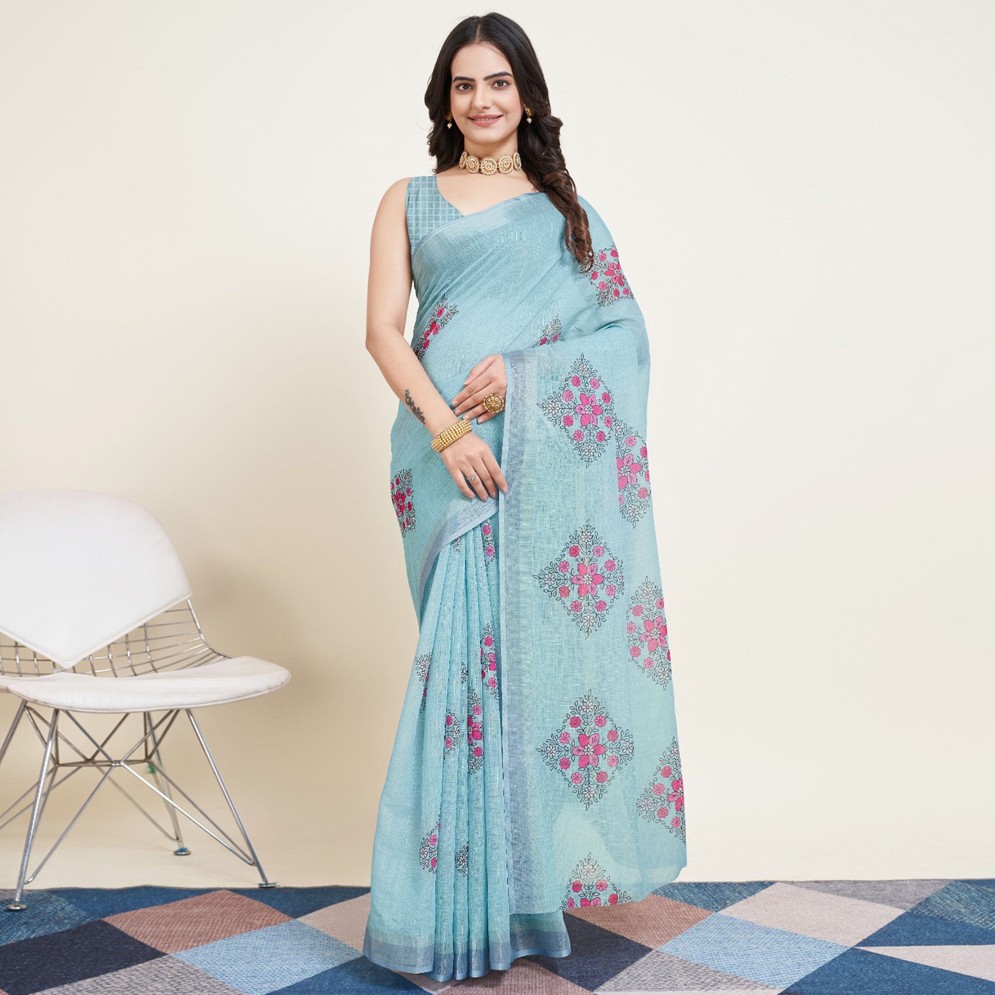 Sky Blue Floral Printed Linen Saree