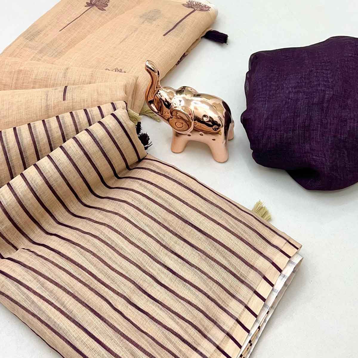 Beige Floral Print Saree in Breathable Pure Linen Fabric