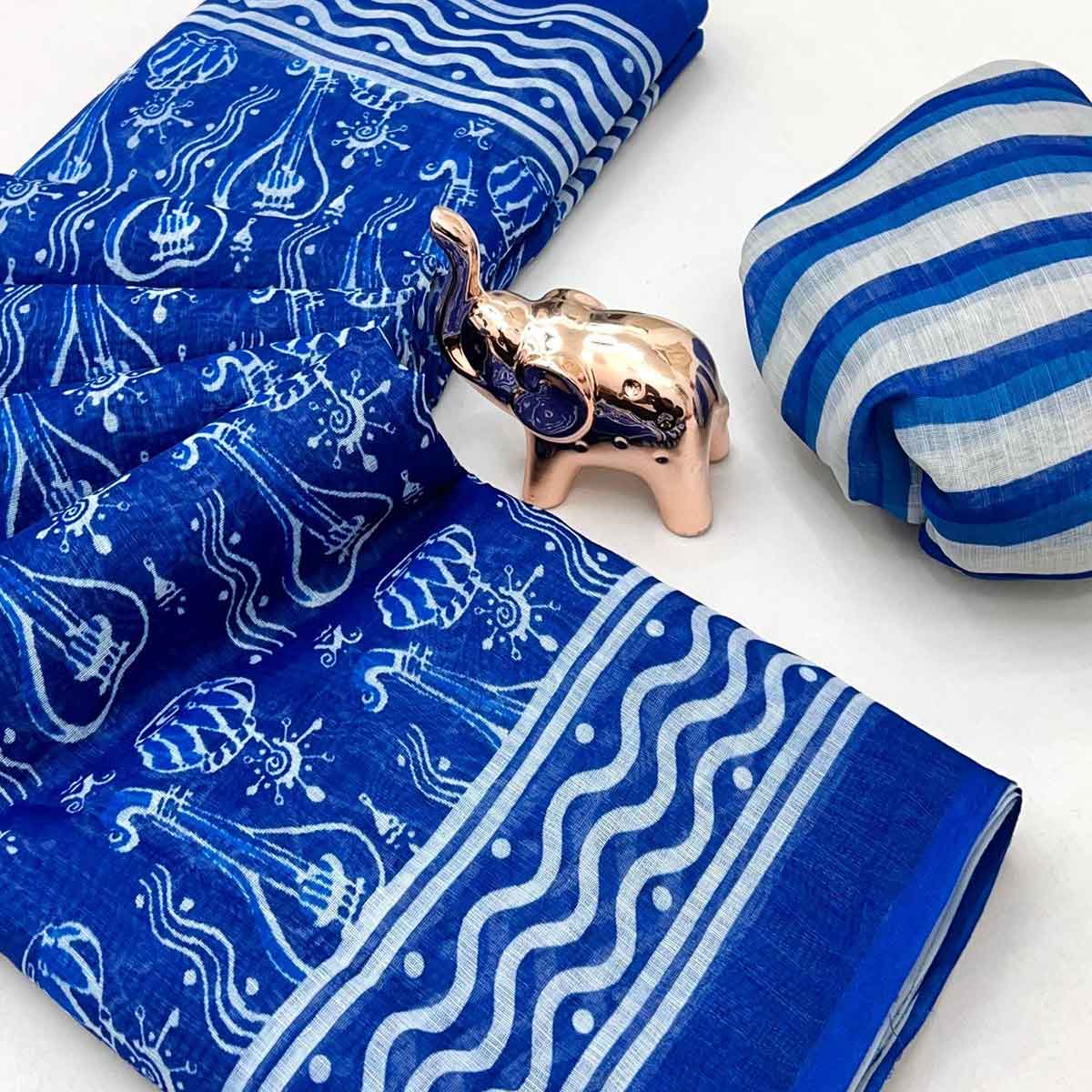 Blue Floral Print Saree in Breathable Pure Linen Fabric