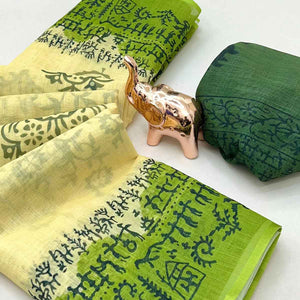 Cream Floral Print Saree in Breathable Pure Linen Fabric