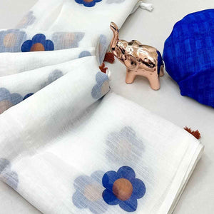White & Blue Floral Print Saree in Breathable Pure Linen Fabric