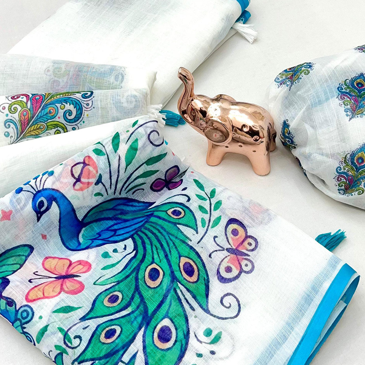 White Soft Linen Saree with Artistic Print