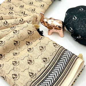Beige Soft Linen Saree with Artistic Print Detailing