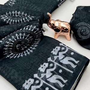 Black Soft Linen Saree with Artistic Print Detailing