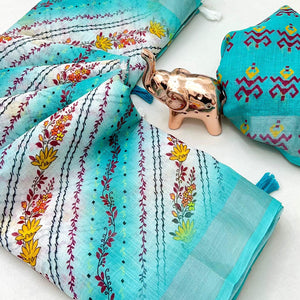 Turquoise Soft Linen Saree with Artistic Print Detailing