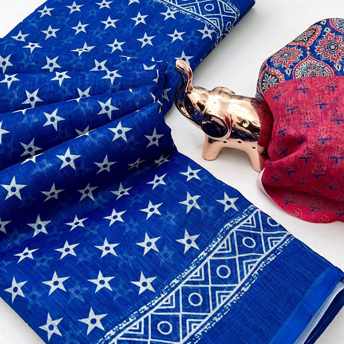 Blue Soft Linen Saree with Artistic Print Detailing