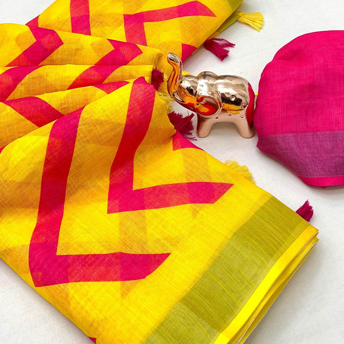 Yellow Soft Linen Saree with Artistic Print Detailing