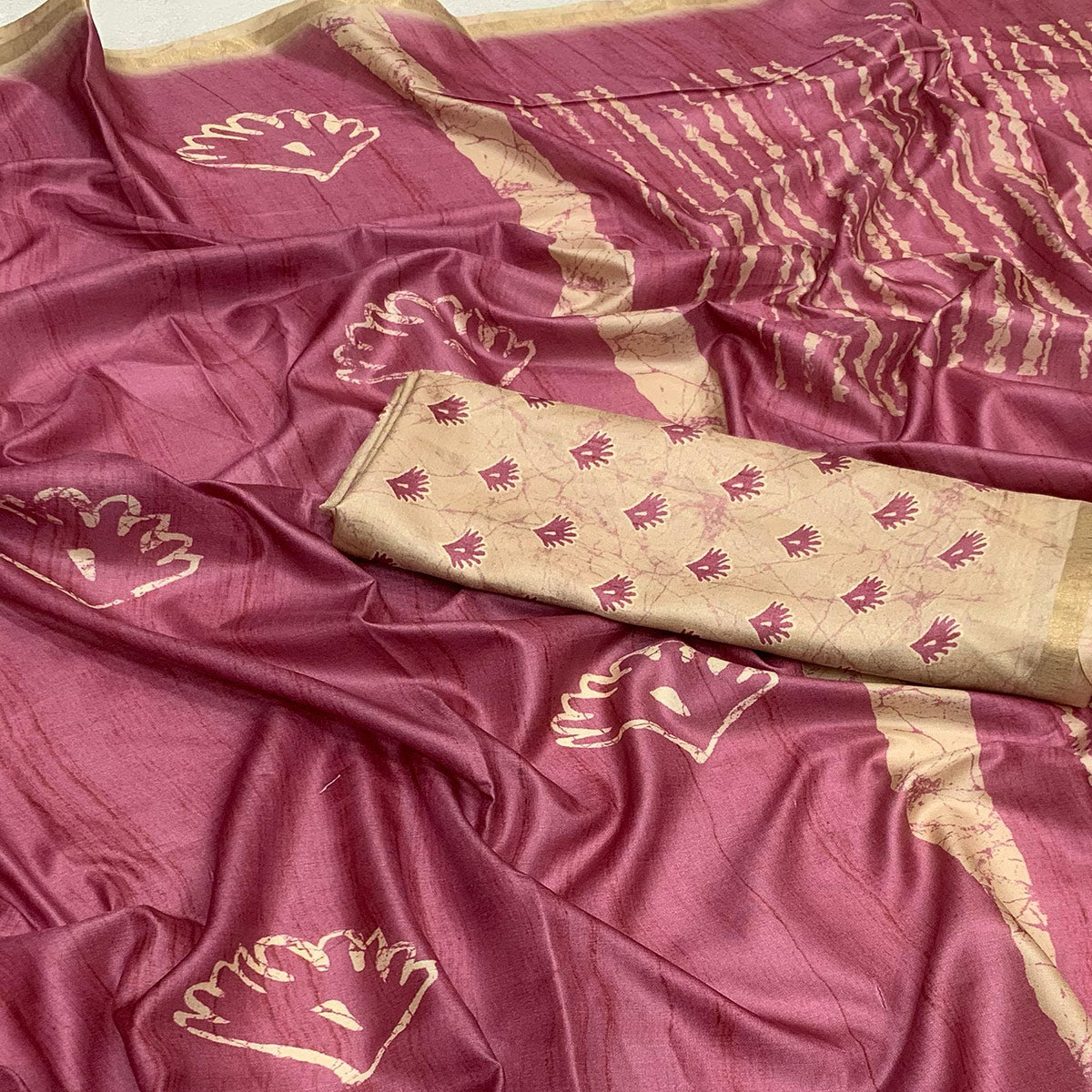 Light Wine Printed Tussar Silk Saree