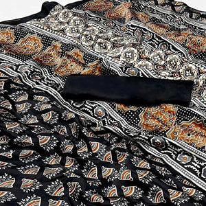 Black Ajrakh Printed Satin Saree