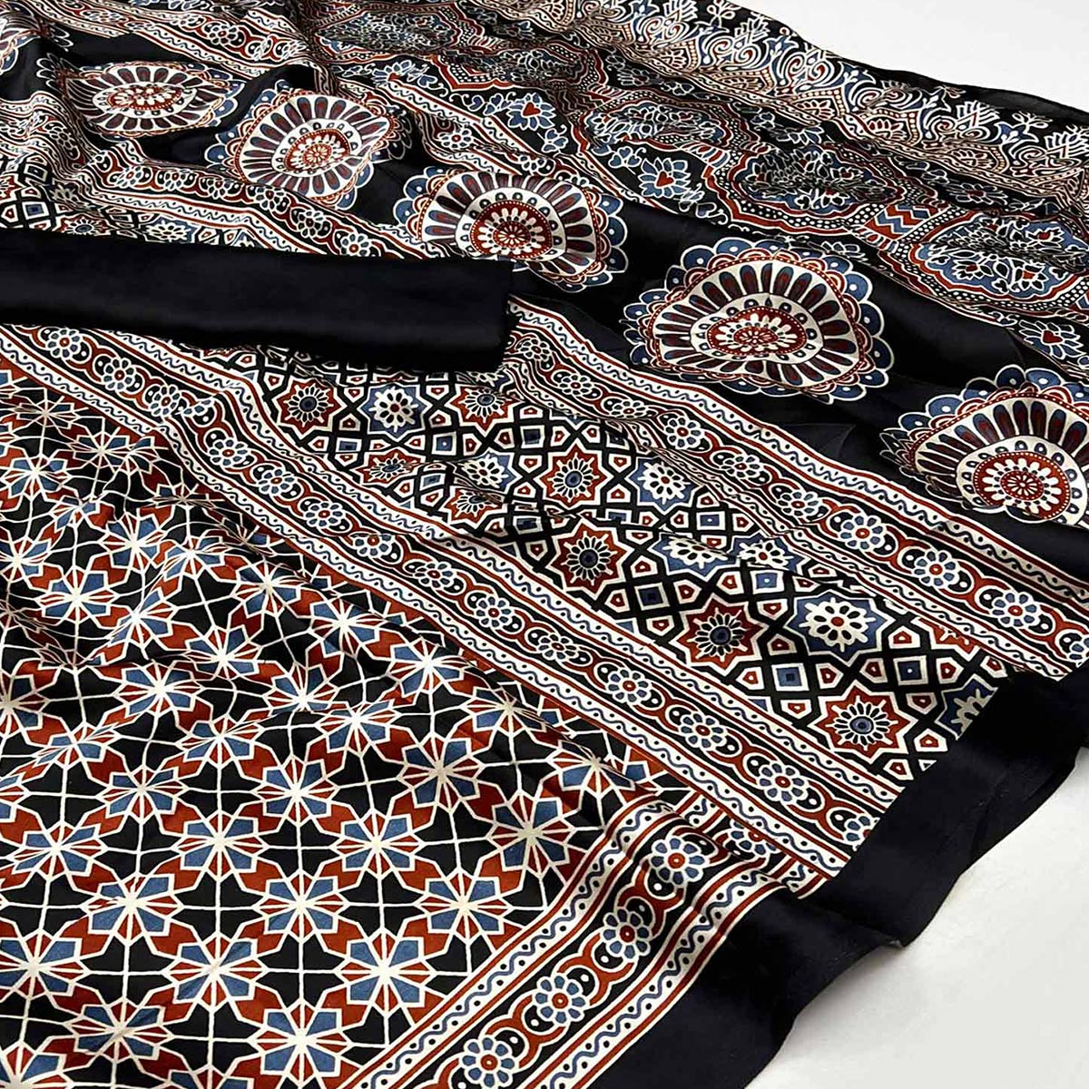 Black Ajrakh Printed Satin Saree
