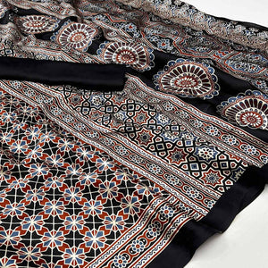 Black Ajrakh Printed Satin Saree