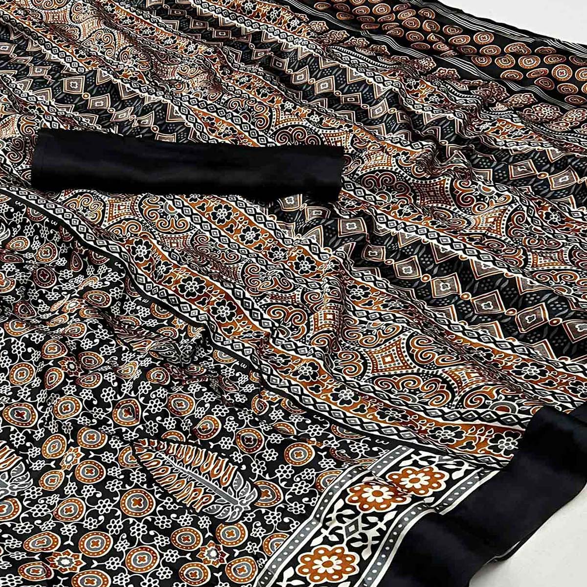 Black Ajrakh Printed Satin Saree