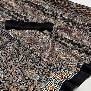 Black Ajrakh Printed Satin Saree