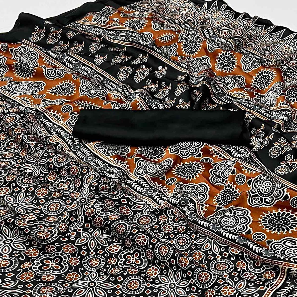 Black Ajrakh Printed Satin Saree