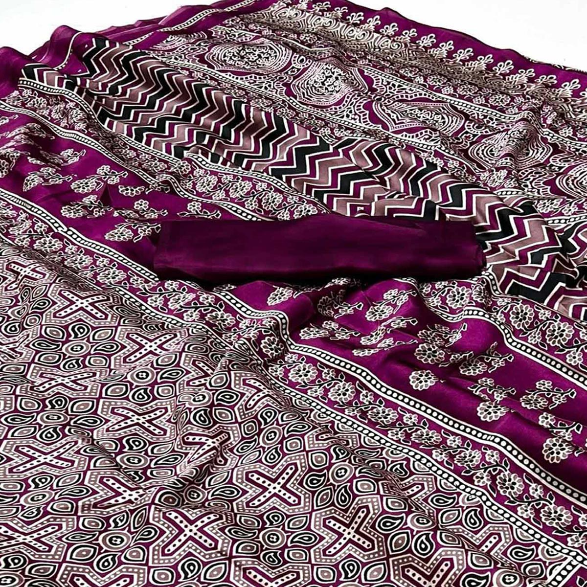 Magenta Ajrakh Printed Satin Saree