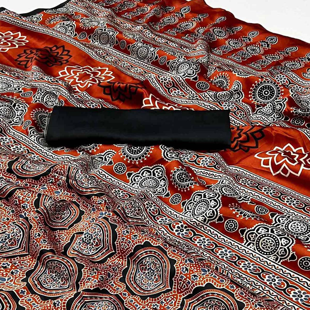 Rust Ajrakh Printed Satin Saree
