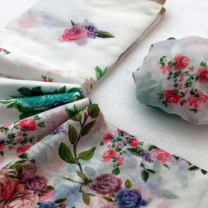 White Floral Printed Chanderi Saree