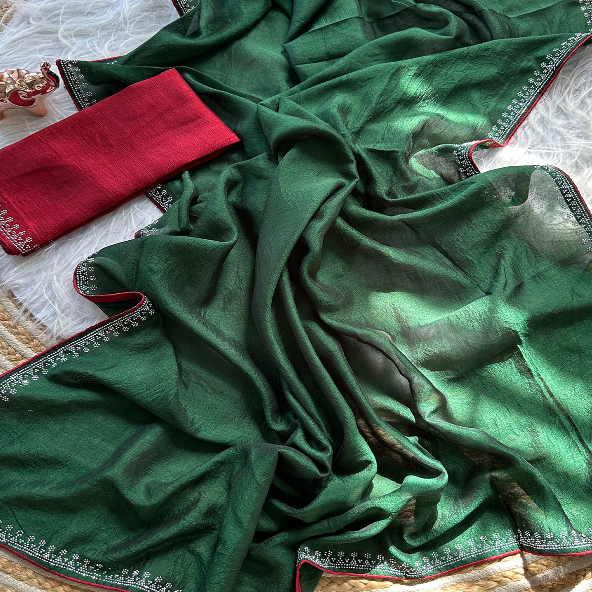 Green Partywear Vichitra Silk Saree Featuring Exquisite Swarovski Stone Work