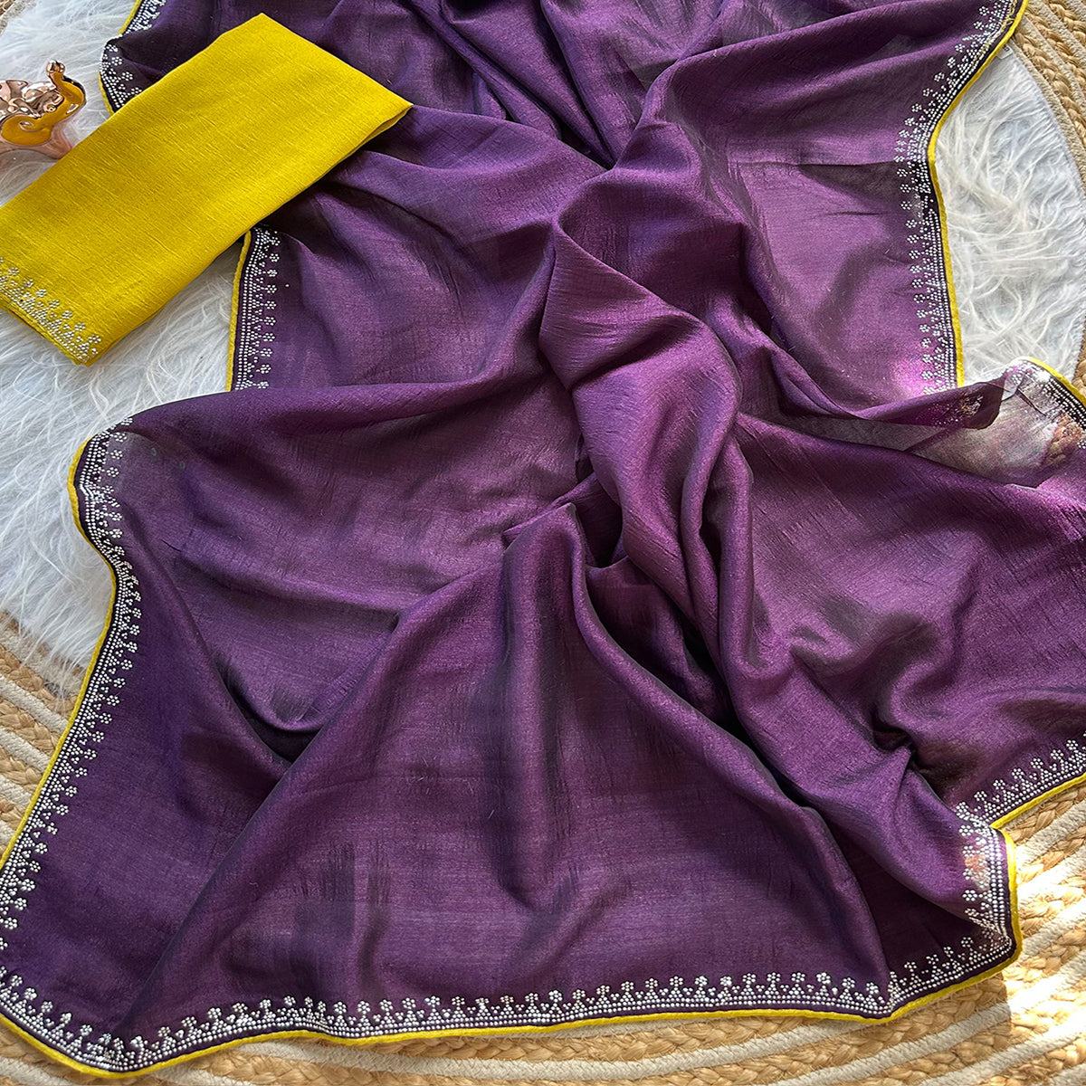 Purple Partywear Vichitra Silk Saree Featuring Exquisite Swarovski Stone Work