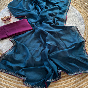 Teal Partywear Vichitra Silk Saree Featuring Exquisite Swarovski Stone Work