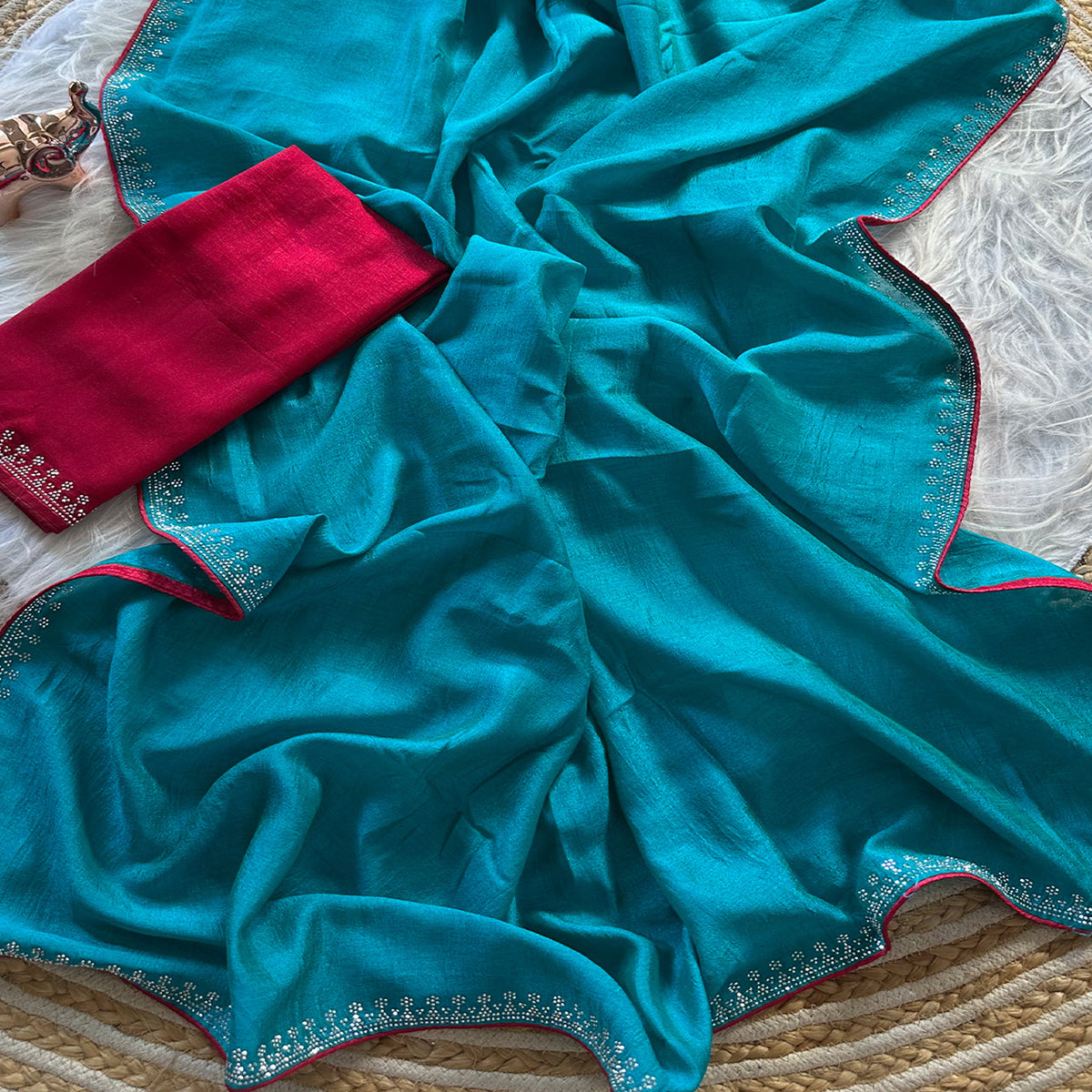 Turquoise Partywear Vichitra Silk Saree Featuring Exquisite Swarovski Stone Work