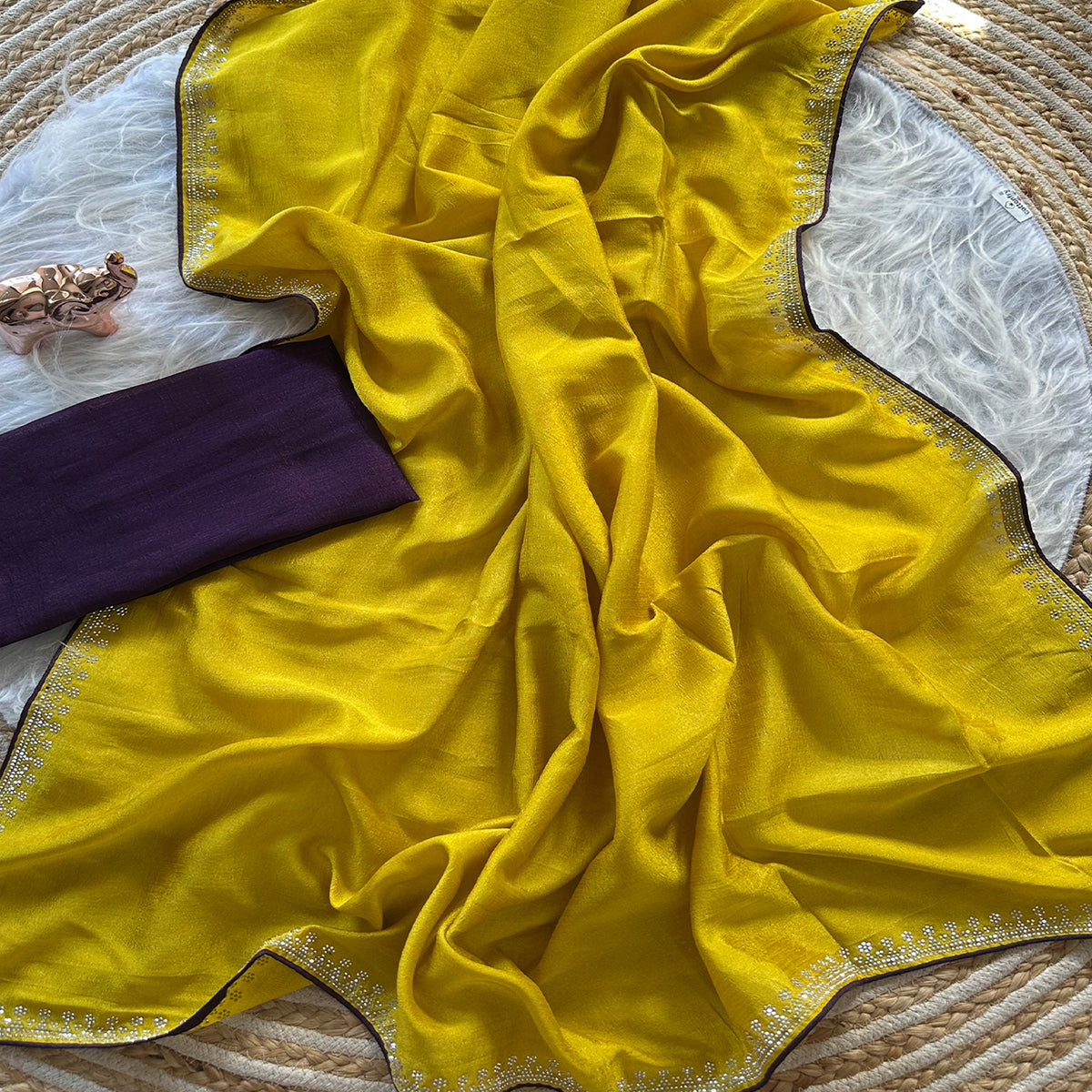 Yellow Partywear Vichitra Silk Saree Featuring Exquisite Swarovski Stone Work