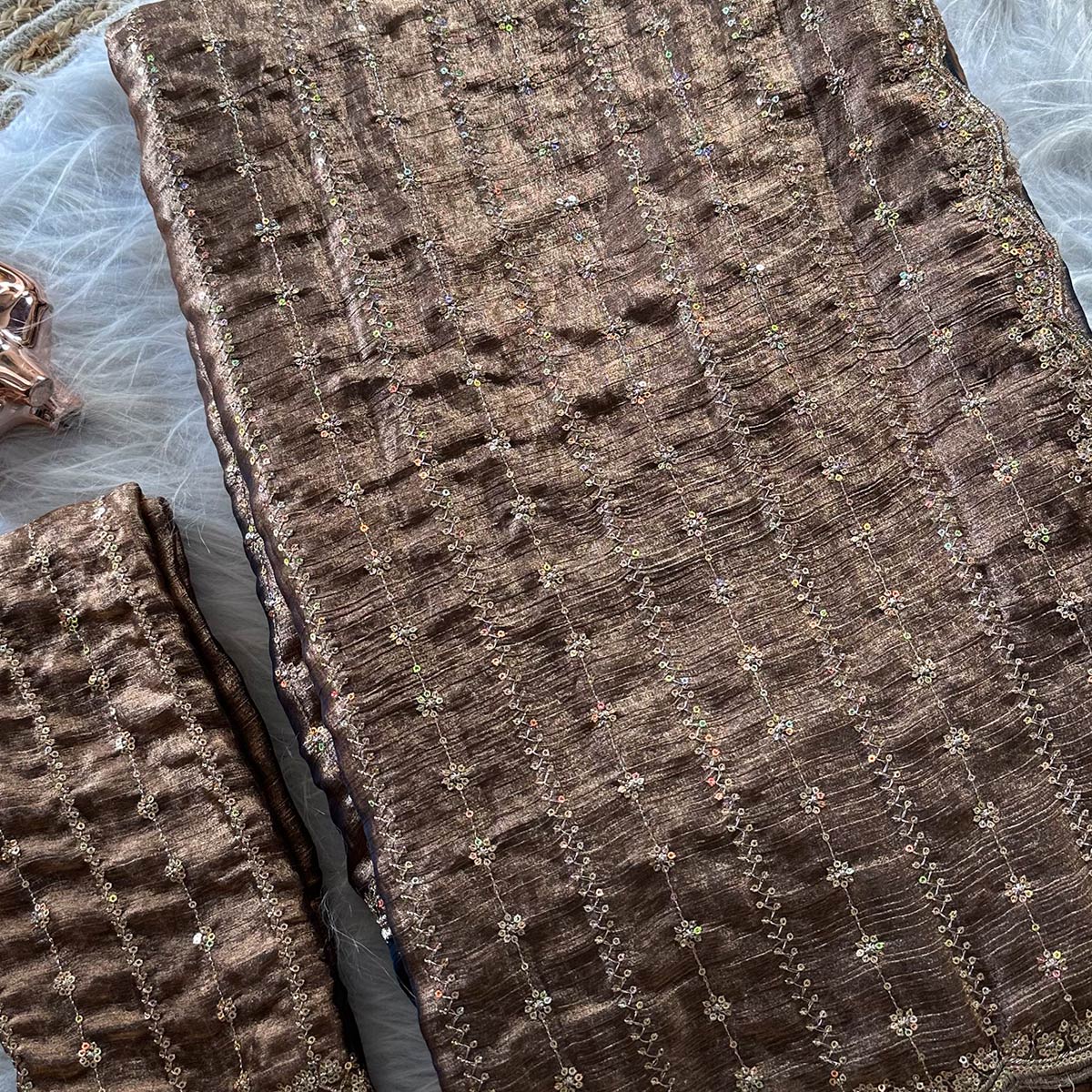 Elegant Dusty Brown Silk Saree Adorned With Floral Sequins Embroidery & Cutwork Zari Border