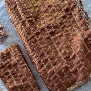 Elegant Dusty Peach Silk Saree Adorned With Floral Sequins Embroidery & Cutwork Zari Border