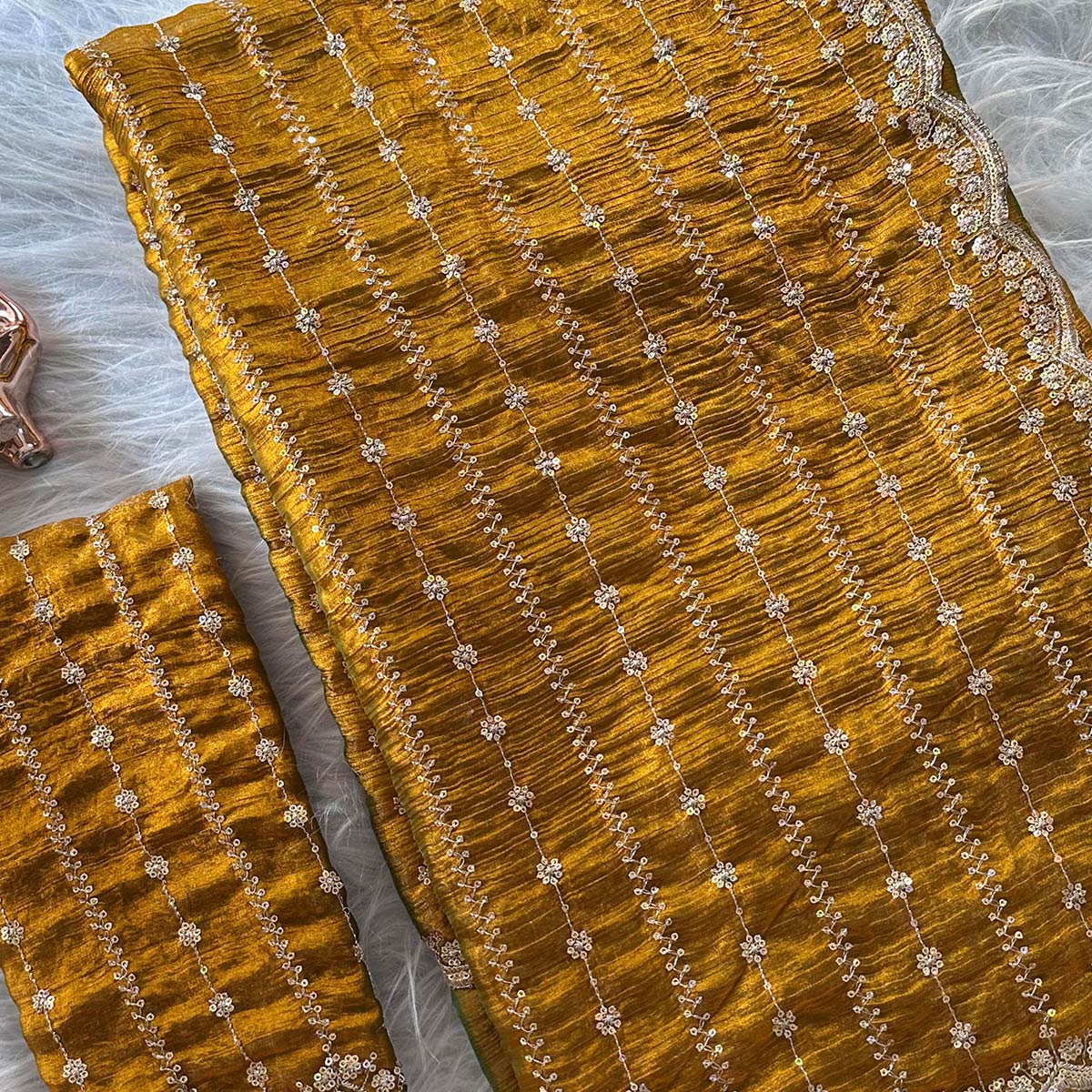 Elegant Golden Silk Saree Adorned With Floral Sequins Embroidery & Cutwork Zari Border