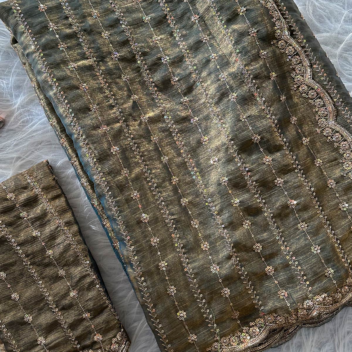Elegant Grey Silk Saree Adorned With Floral Sequins Embroidery & Cutwork Zari Border