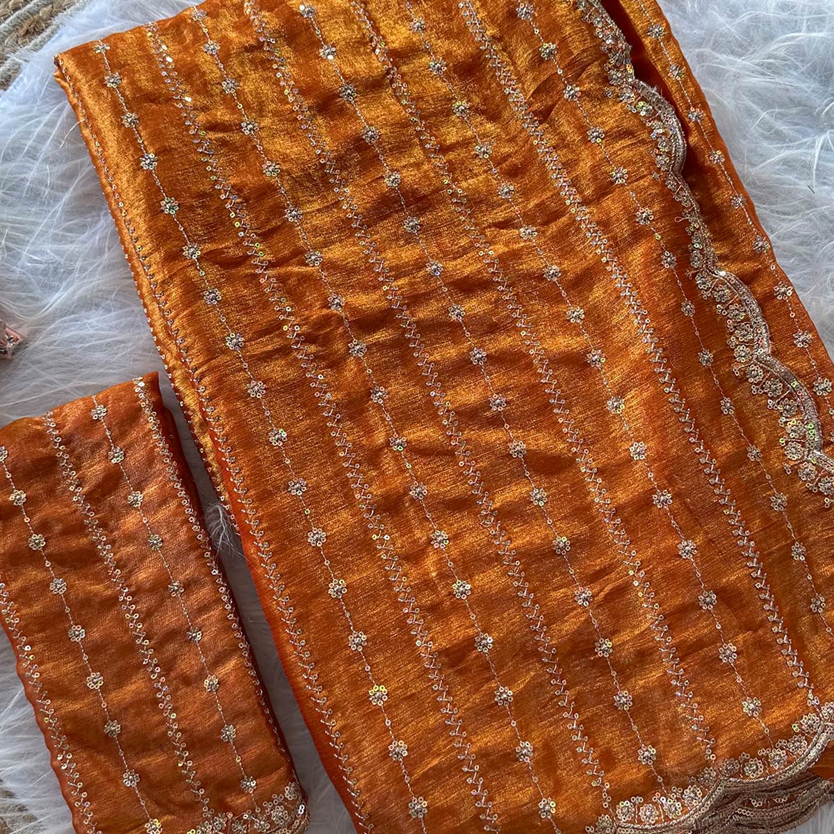 Elegant Orange Silk Saree Adorned With Floral Sequins Embroidery & Cutwork Zari Border