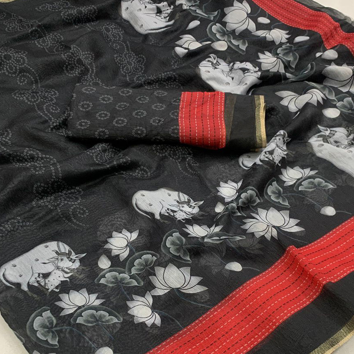 Black & Red Printed Chanderi Saree