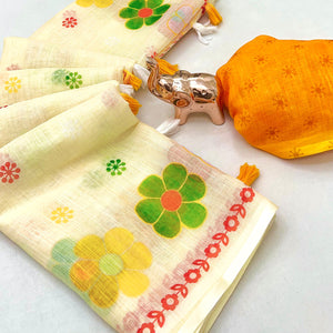 Soft & Comfortable Cream Linen Saree with Modern Printed Styling