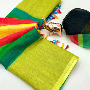 Soft & Comfortable Green Linen Saree with Modern Printed Styling