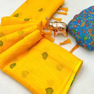 Soft & Comfortable Yellow Linen Saree with Modern Printed Styling