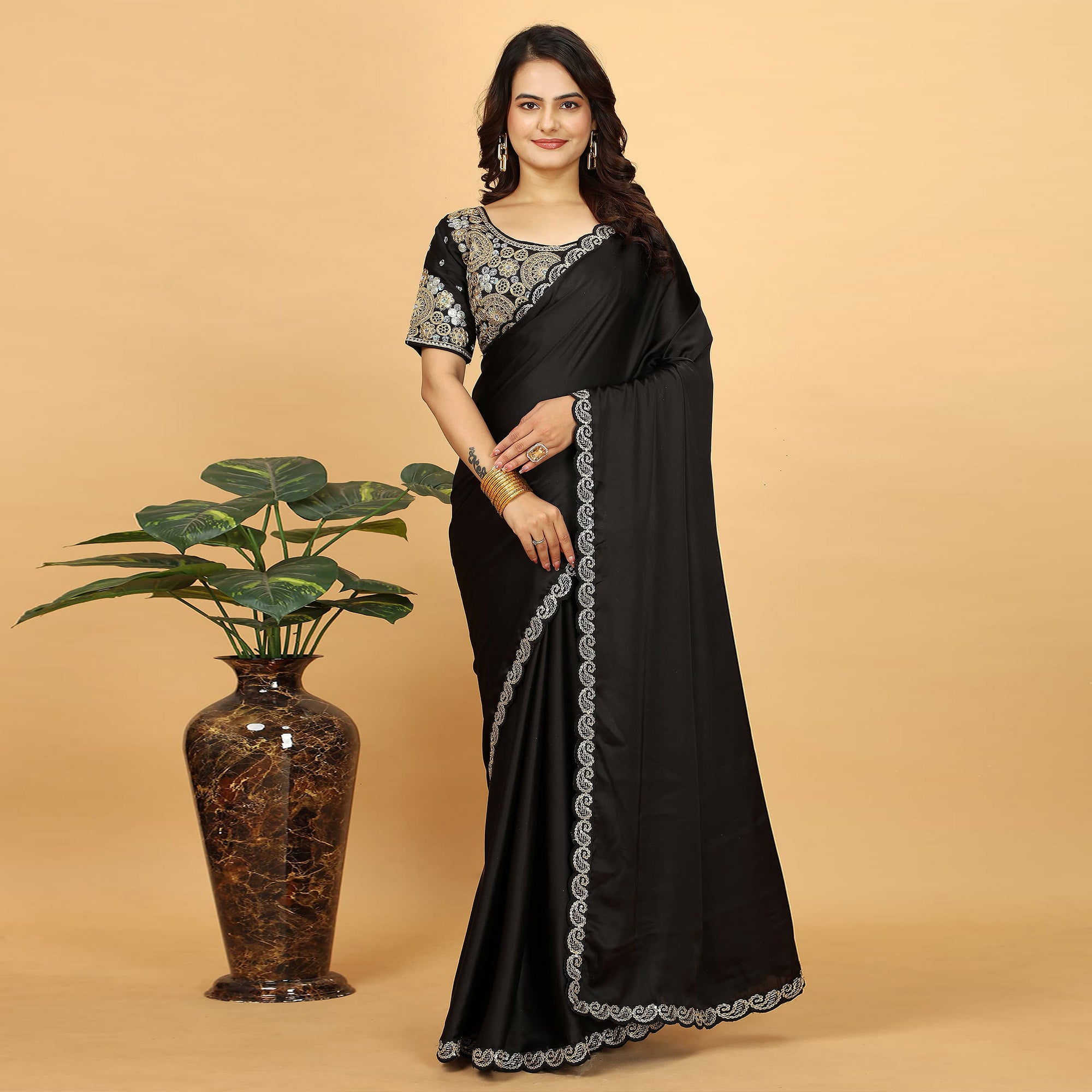 Black Solid Satin Saree With Sequins Embroidered Border