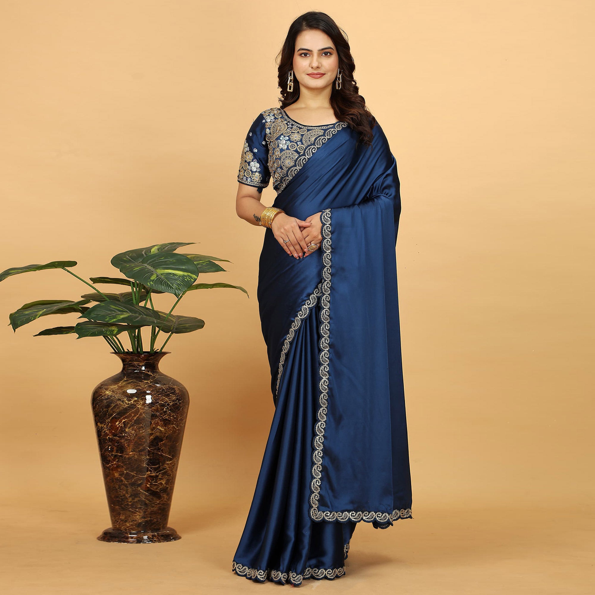 Blue Solid Satin Saree With Sequins Embroidered Border