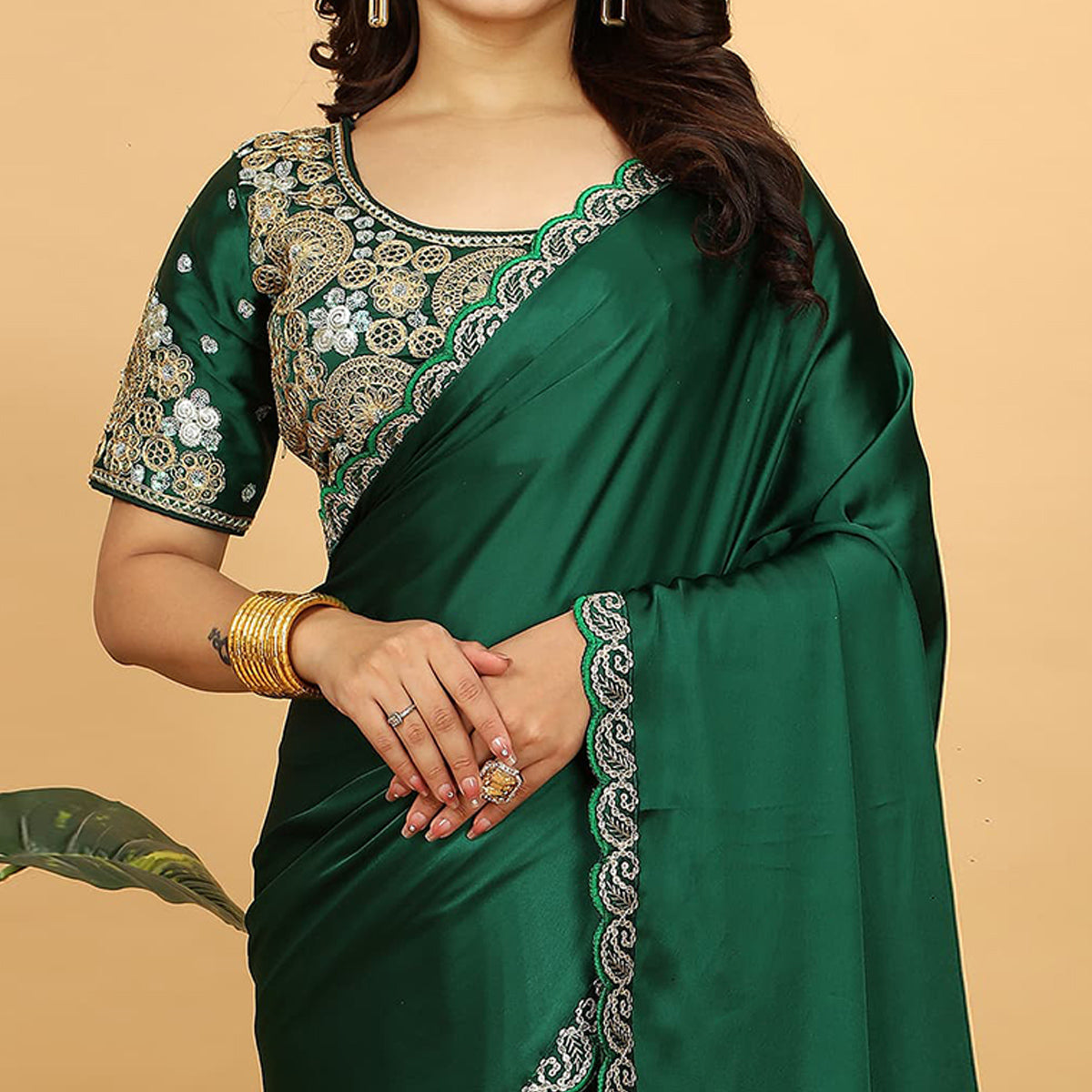 Green Solid Satin Saree With Sequins Embroidered Border