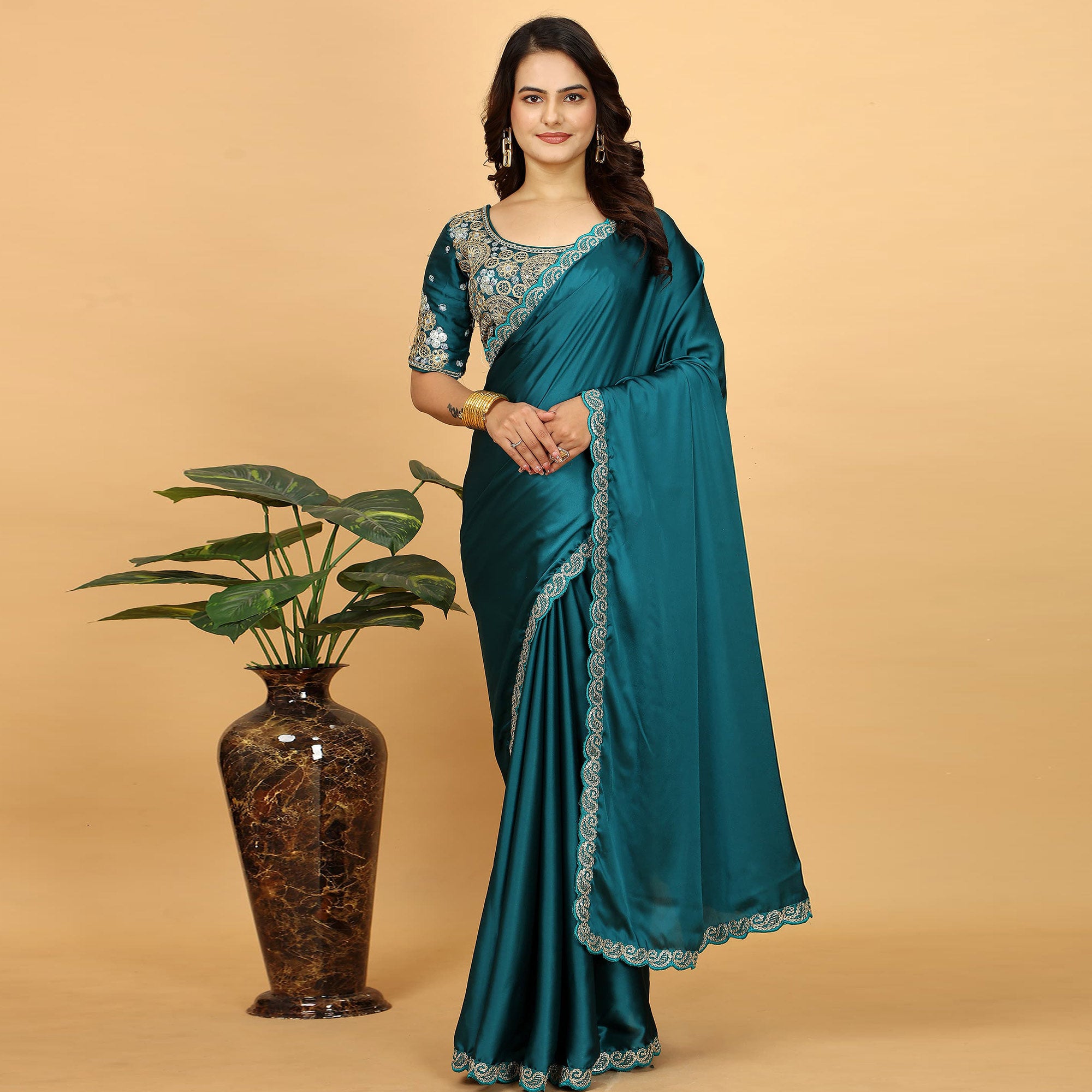 Morpich Solid Satin Saree With Sequins Embroidered Border