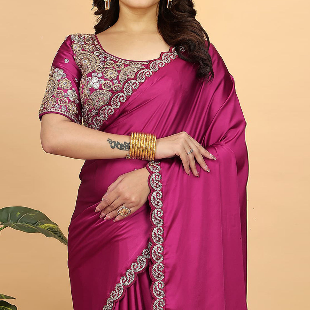 Pink Solid Satin Saree With Sequins Embroidered Border