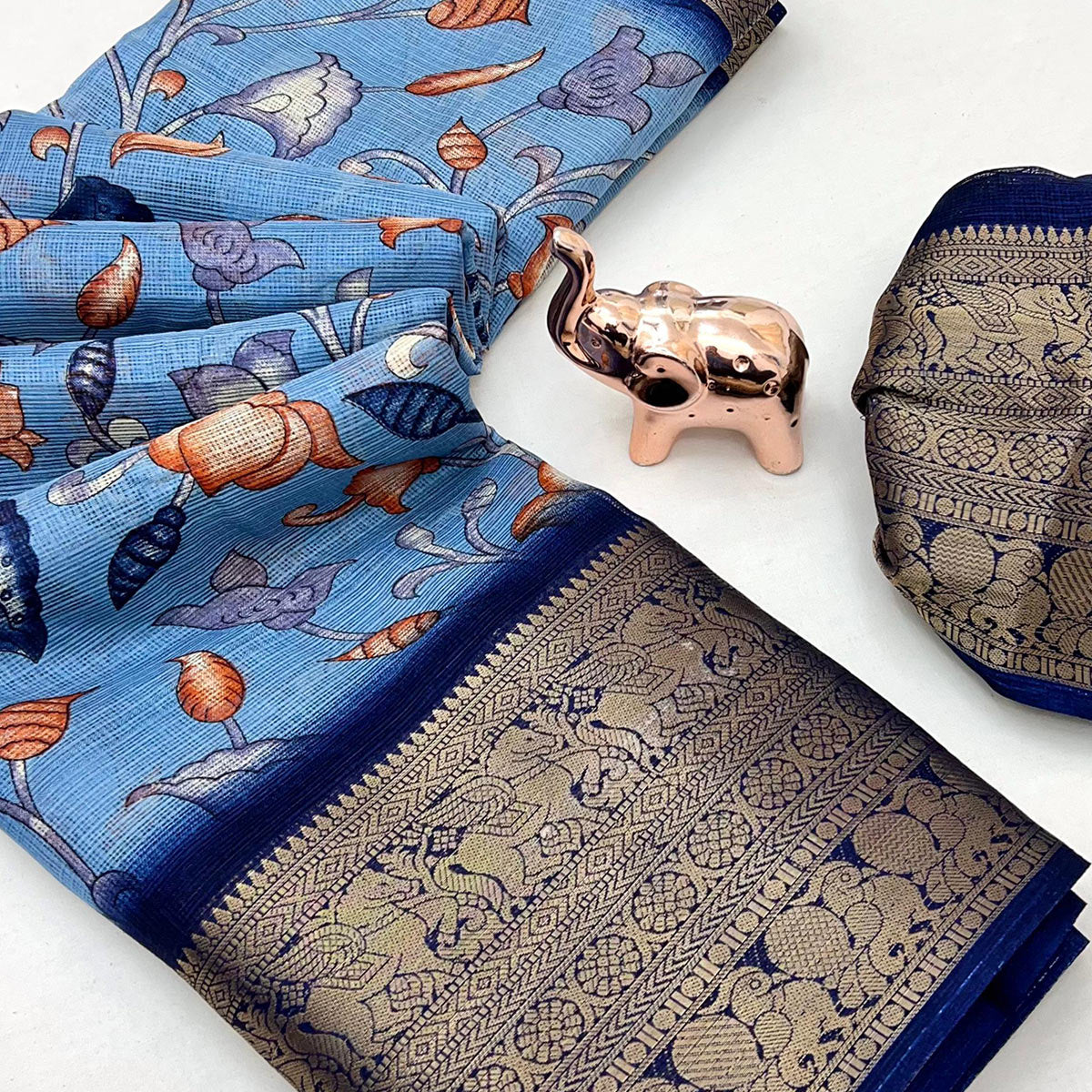 Blue Kashmiri Floral Printed Kota Doria Saree With Bandhani Pallu & Rich Zari Weaving Border