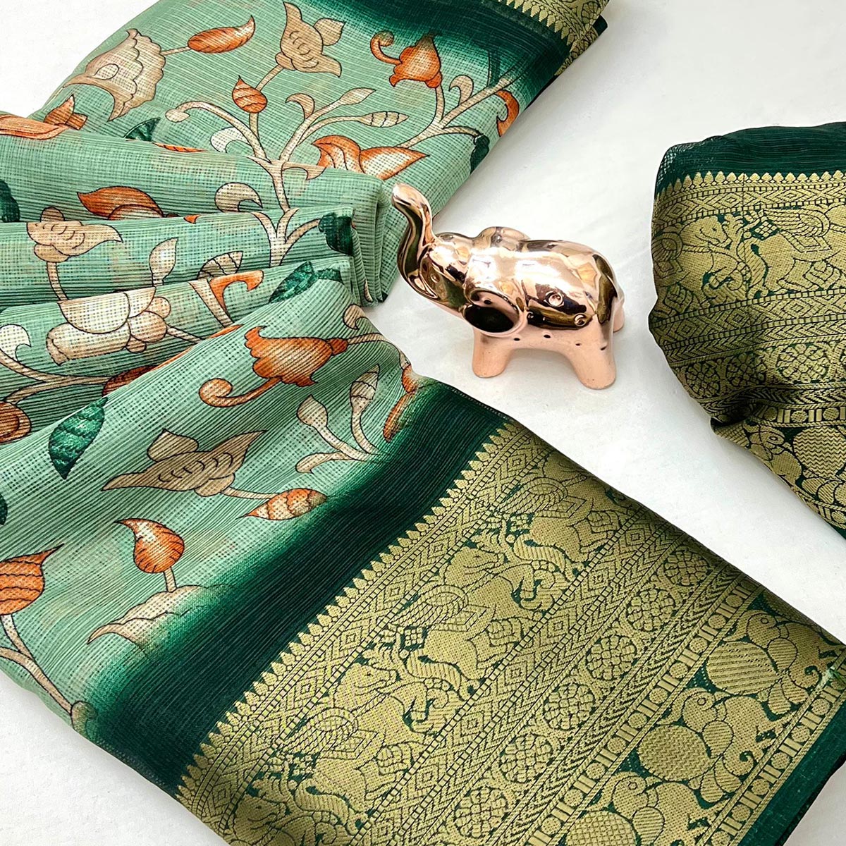 Green Kashmiri Floral Printed Kota Doria Saree With Bandhani Pallu & Rich Zari Weaving Border