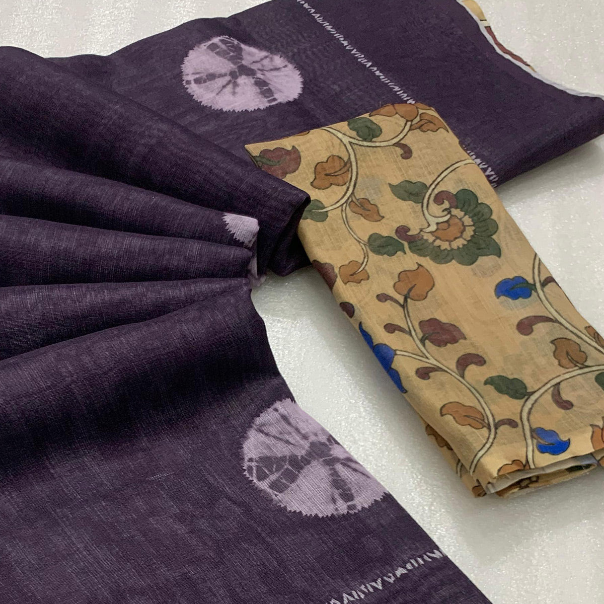 Plum Purple Batik Printed Linen Saree