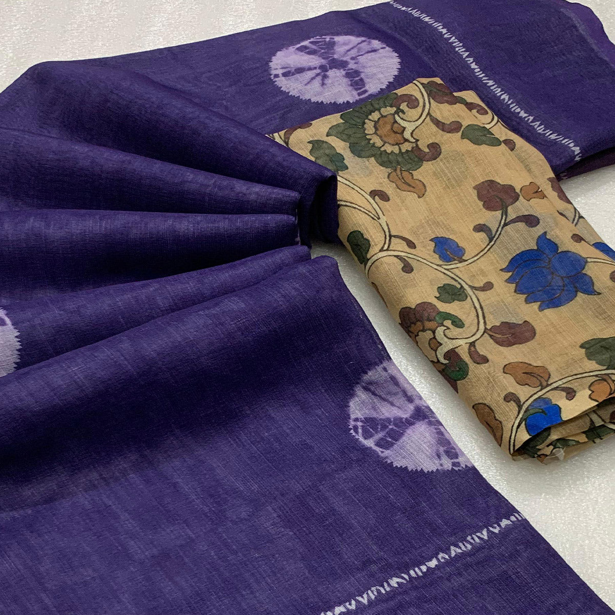 Purple Batik Printed Linen Saree