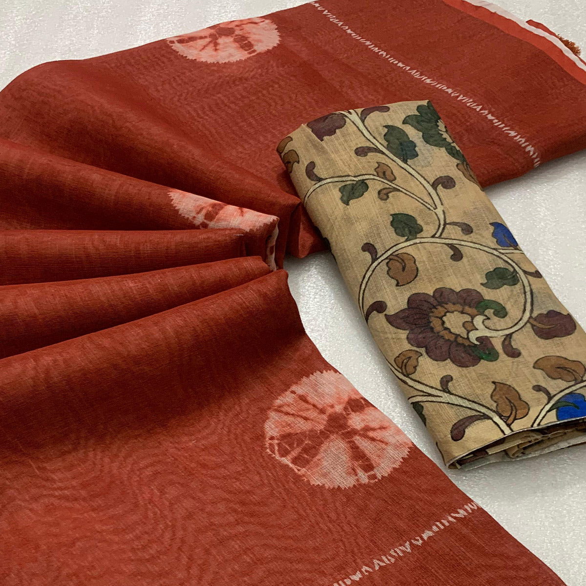 Rust Batik Printed Linen Saree
