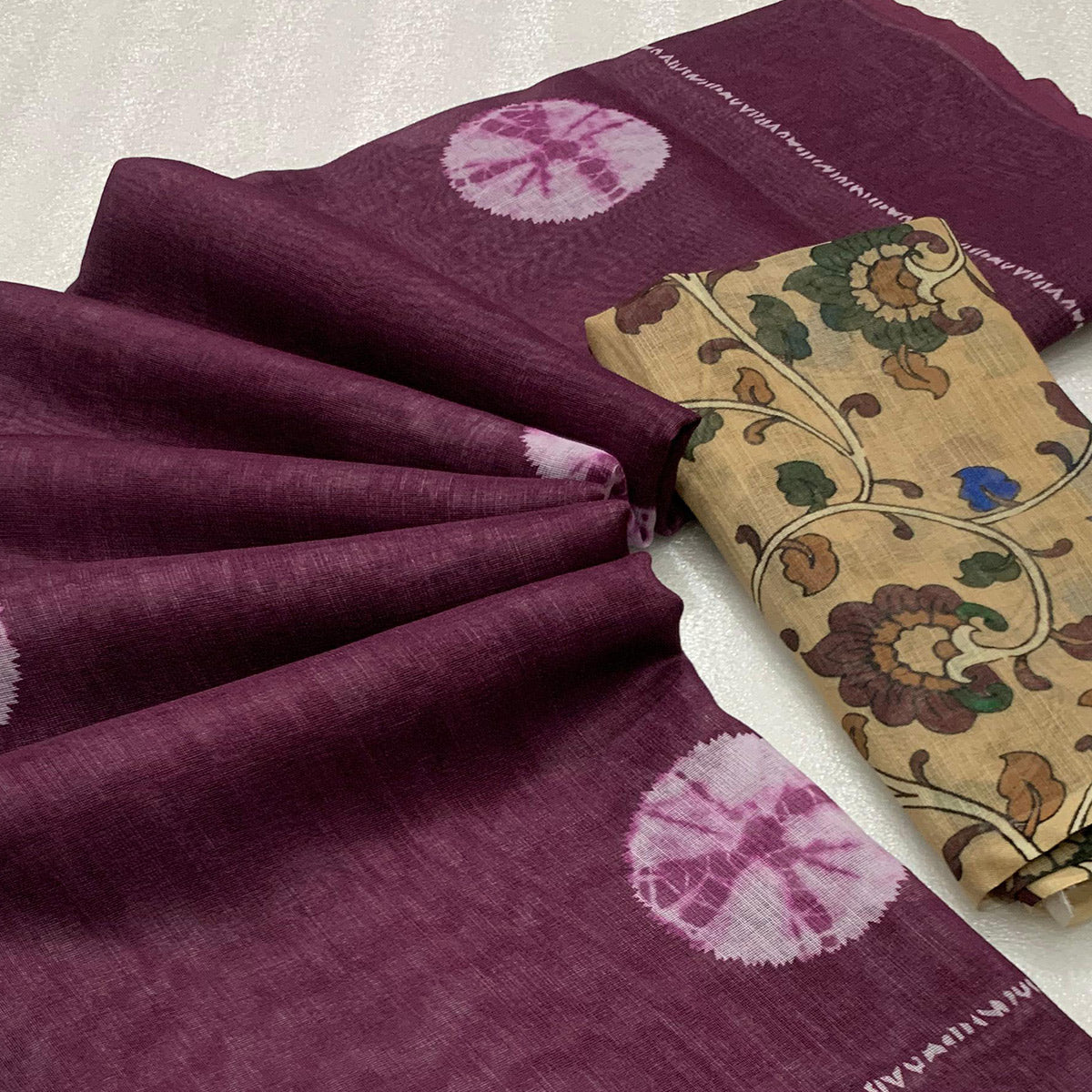 Wine Batik Printed Linen Saree