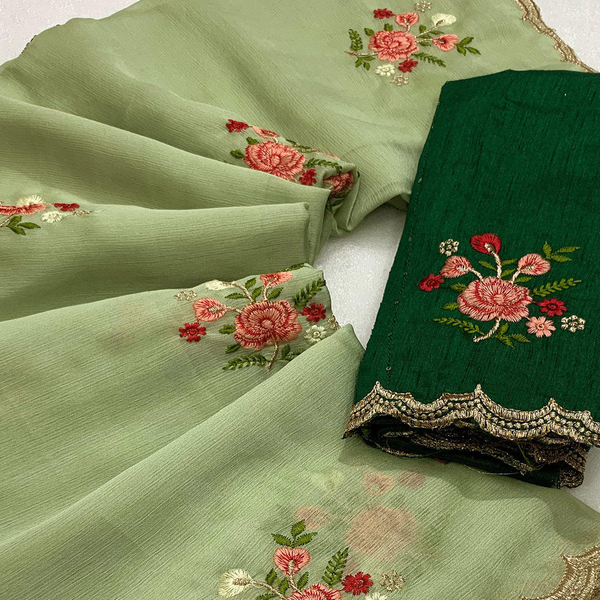 Green Floral Embroidered Chiffon Saree