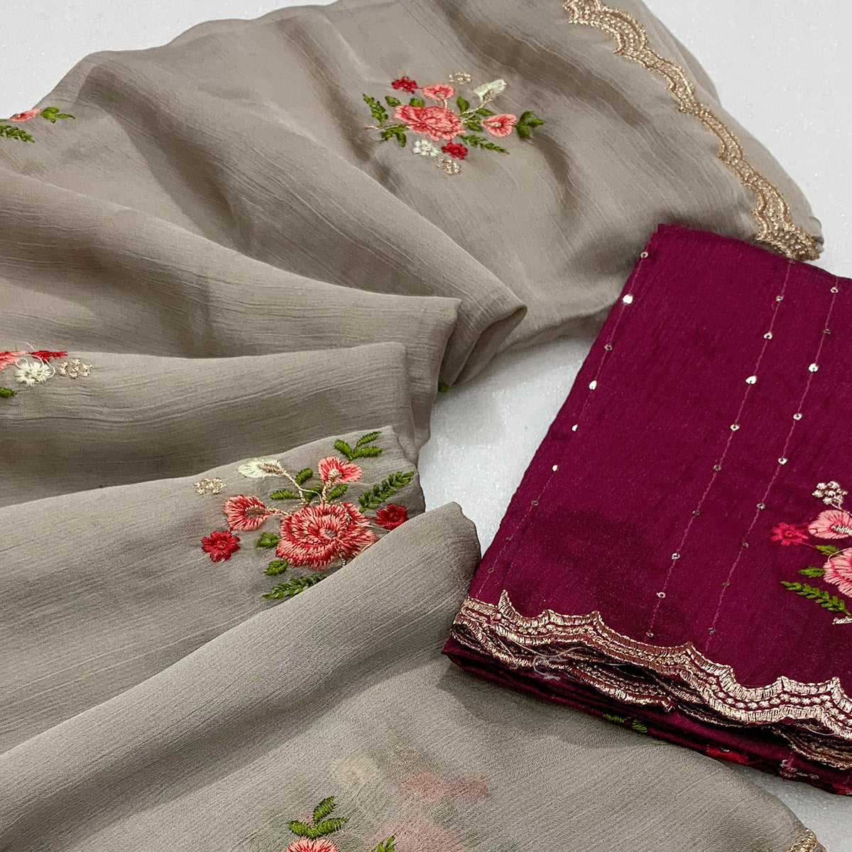 Grey Floral Embroidered Chiffon Saree