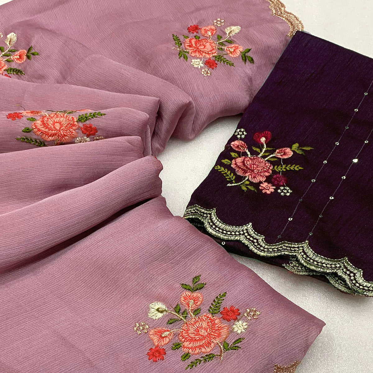 Mauve Floral Embroidered Chiffon Saree